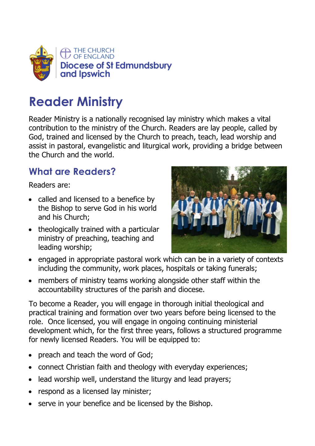 Reader Ministry Reader Ministry Is a Nationally Recognised Lay Ministry Which Makes a Vital Contribution to the Ministry of the Church