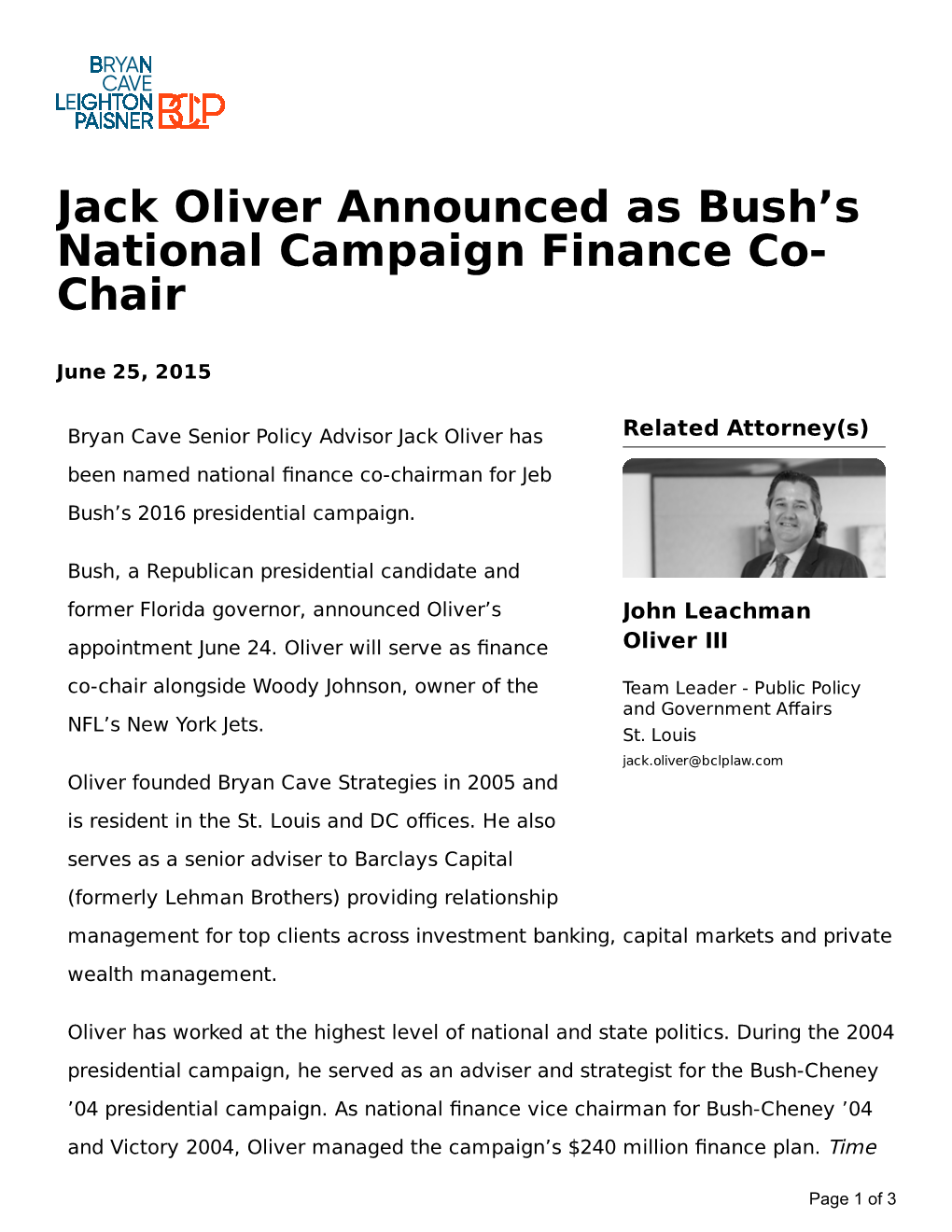 Jack Oliver Announced As Bush's National Campaign Finance Co