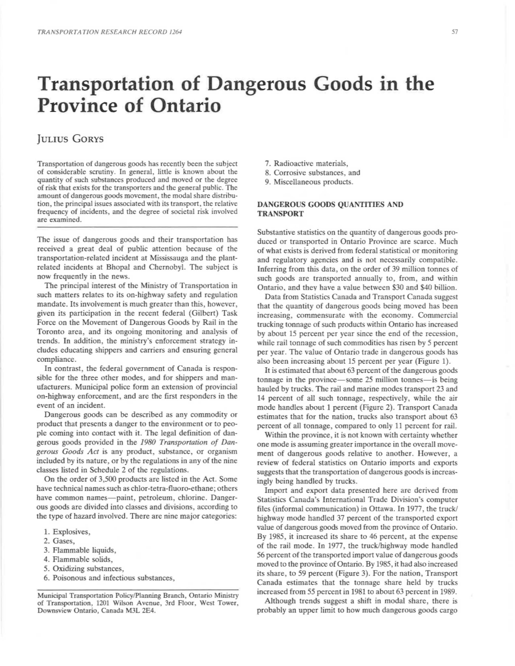 Transportation of Dangerous Goods Province of Ontario In