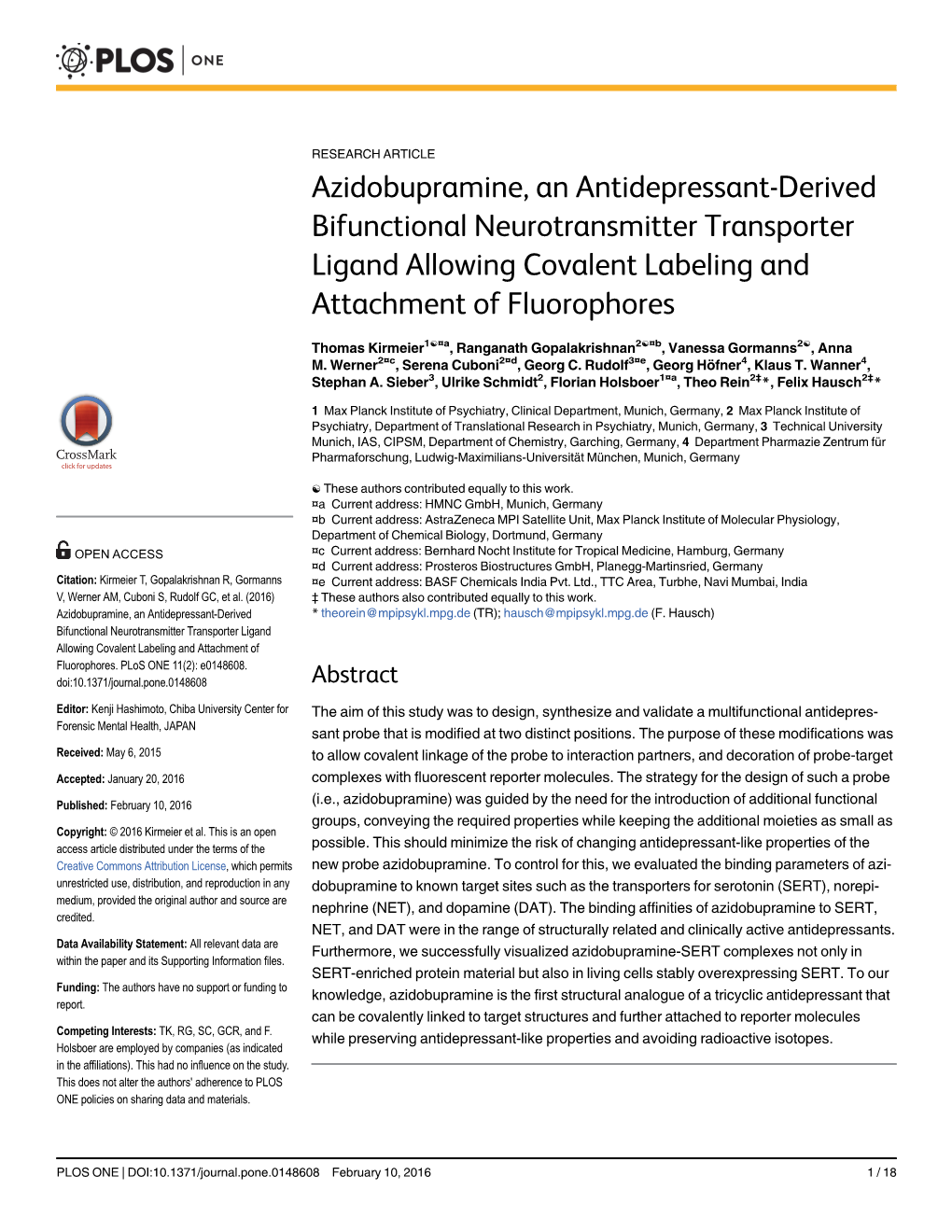Azidobupramine, an Antidepressant-Derived Bifunctional Neurotransmitter Transporter Ligand Allowing Covalent Labeling and Attachment of Fluorophores