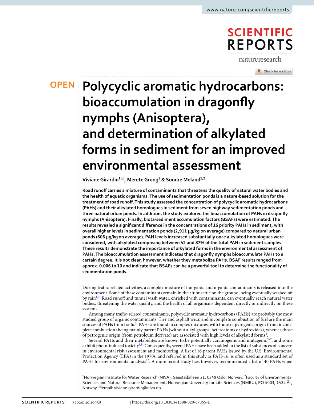 Polycyclic Aromatic Hydrocarbons: Bioaccumulation in Dragonfly Nymphs