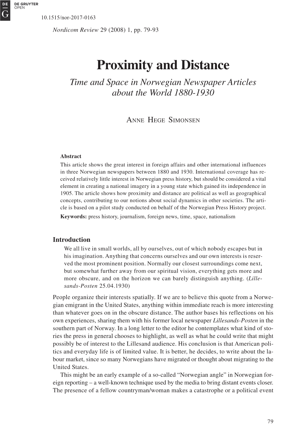 Proximity and Distance Time and Space in Norwegian Newspaper Articles About the World 1880-1930