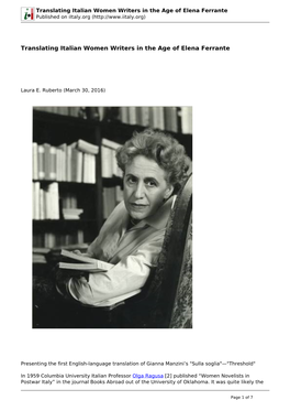 Translating Italian Women Writers in the Age of Elena Ferrante Published on Iitaly.Org (