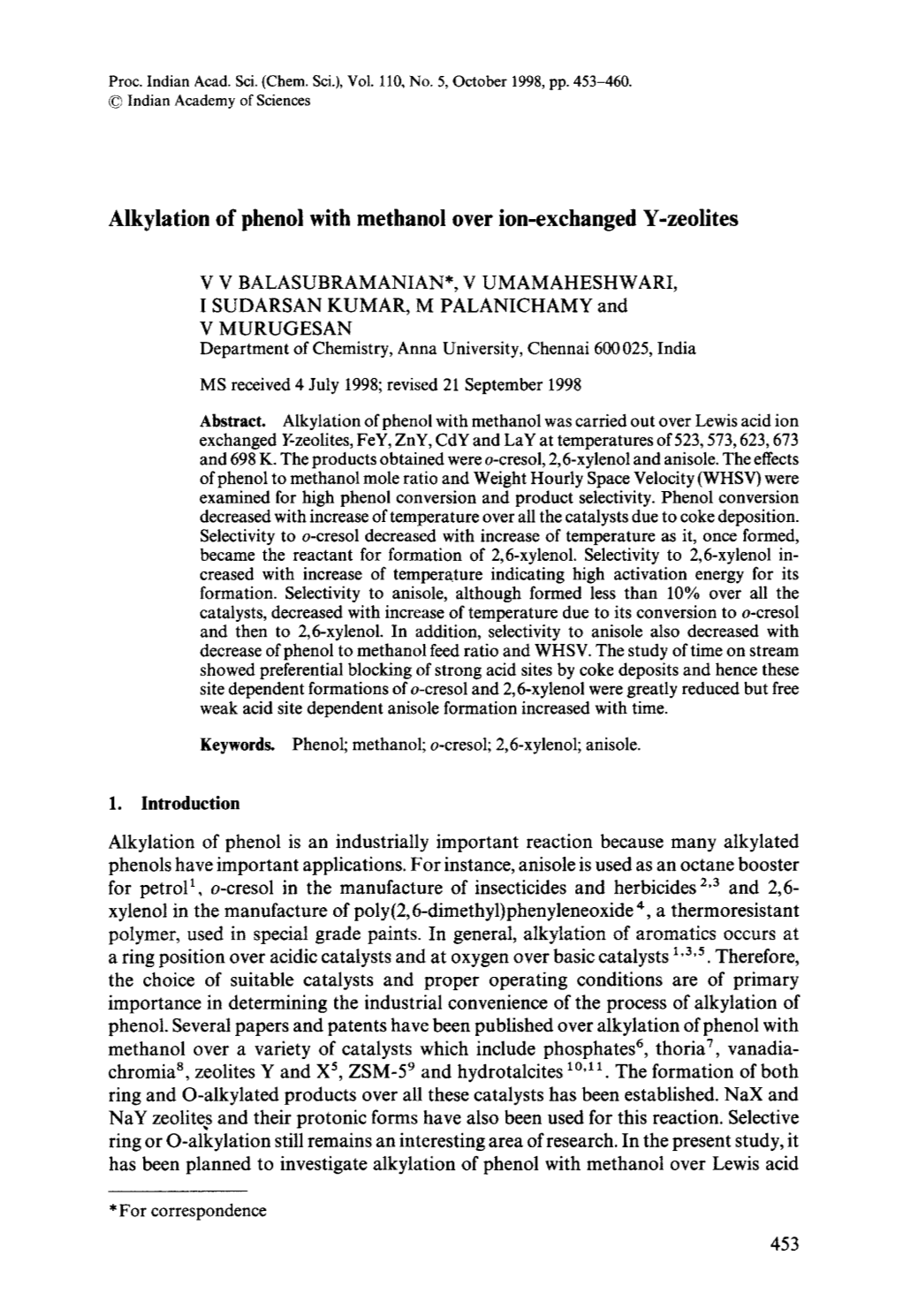 Alkylation of Phenol with Methanol Over Ion-Exchanged Y-Zeolites