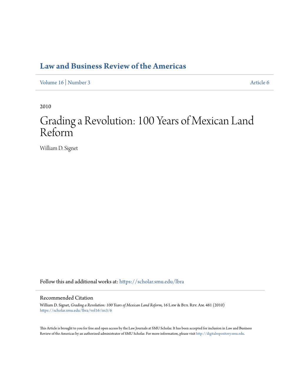 100 Years of Mexican Land Reform William D