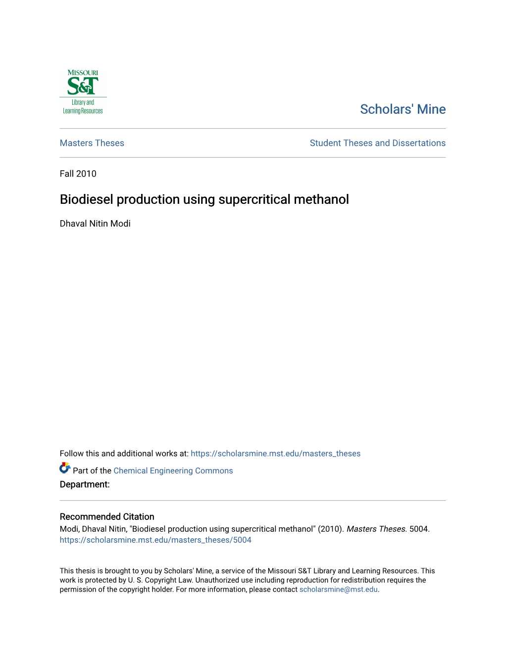 Biodiesel Production Using Supercritical Methanol