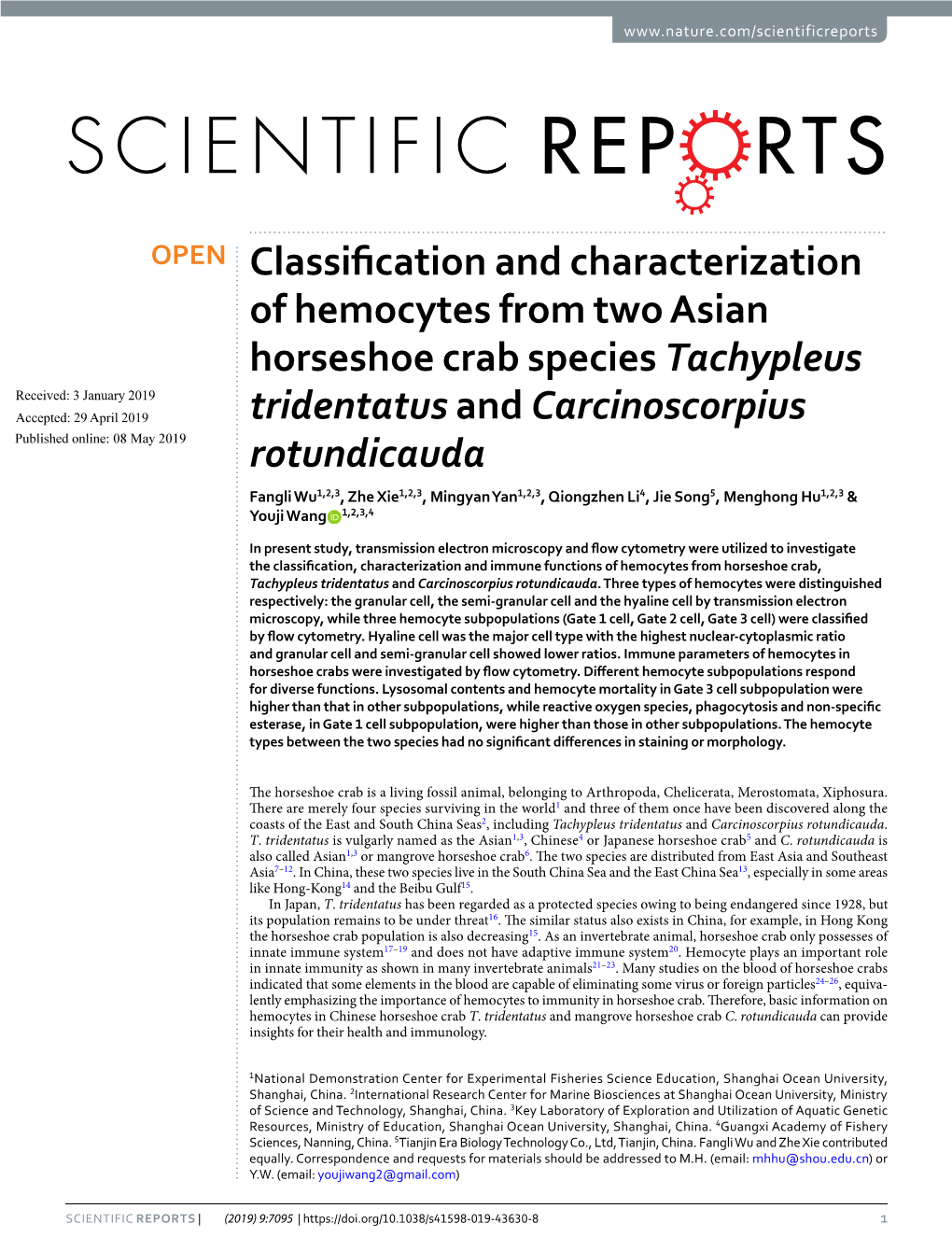Classification and Characterization of Hemocytes from Two Asian Horseshoe Crab Species Tachypleus Tridentatus and Carcinoscorpiu