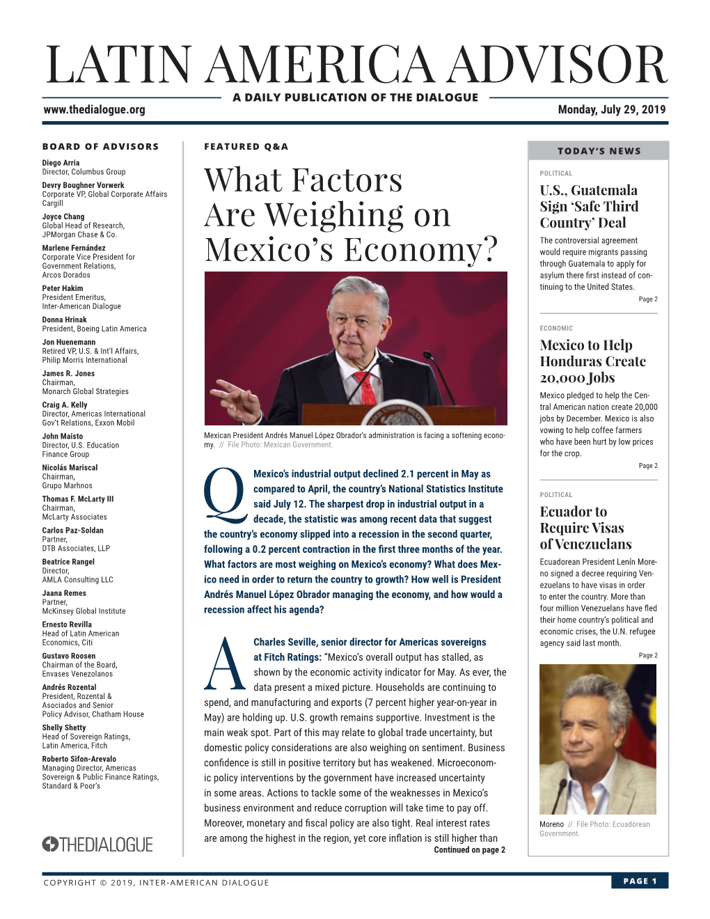 LATIN AMERICA ADVISOR a DAILY PUBLICATION of the DIALOGUE Monday, July 29, 2019