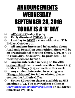Announcements Wednesday September 28, 2016 Today
