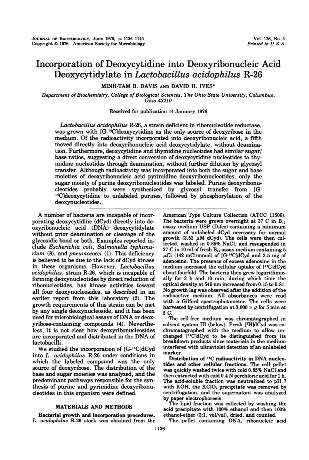 Incorporation of Deoxycytidine Into Deoxyribonucleic Acid Deoxycytidylate in Lactobacillus Acidophilus R-26 MINH-TAM B