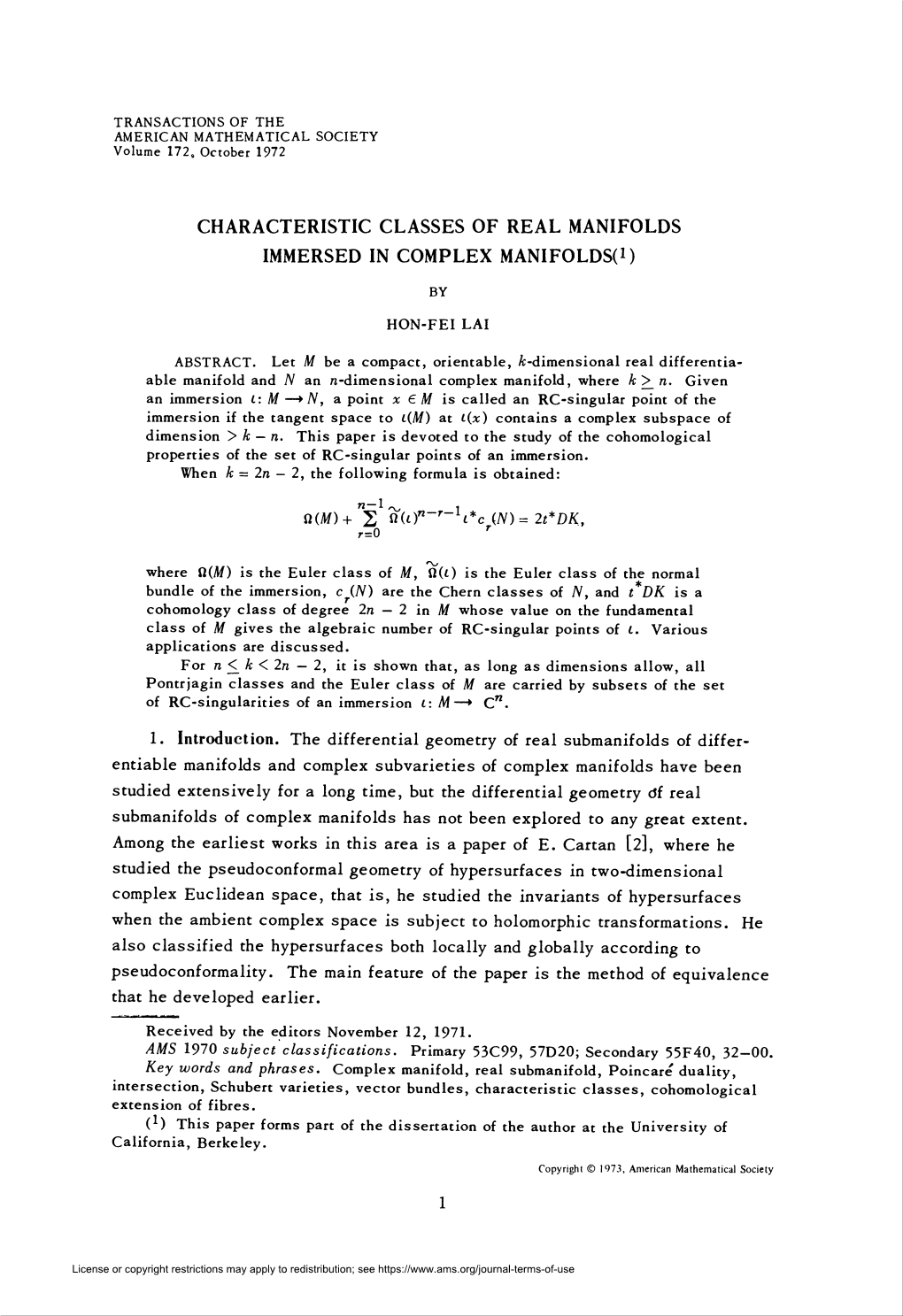 CHARACTERISTIC CLASSES of REAL MANIFOLDS IMMERSEDIN COMPLEX MANIFOLDS(I)