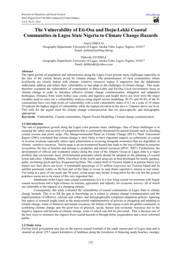 The Vulnerability of Eti-Osa and Ibeju-Lekki Coastal Communities in Lagos State Nigeria to Climate Change Hazards