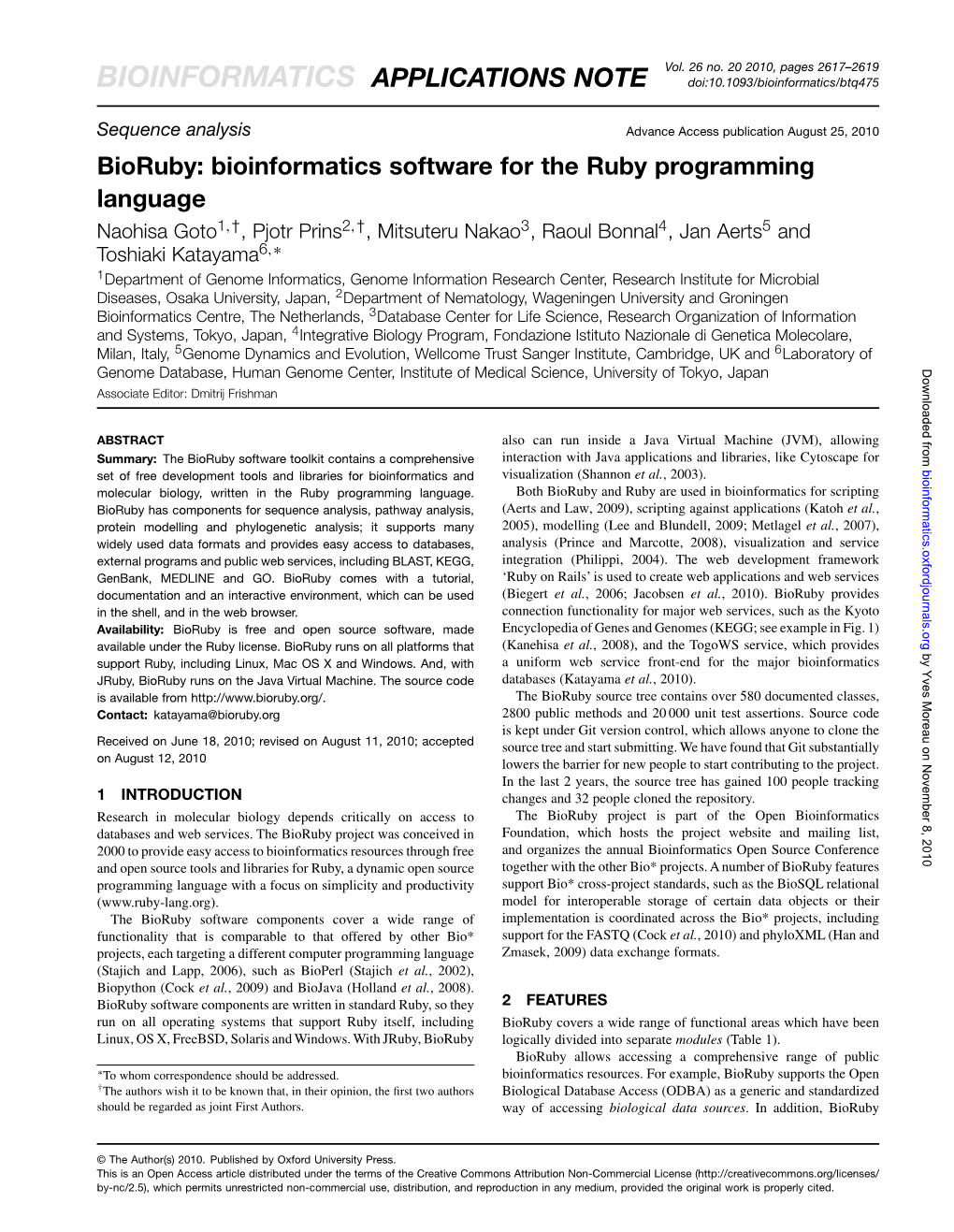 Bioruby: Bioinformatics Software for the Ruby Programming