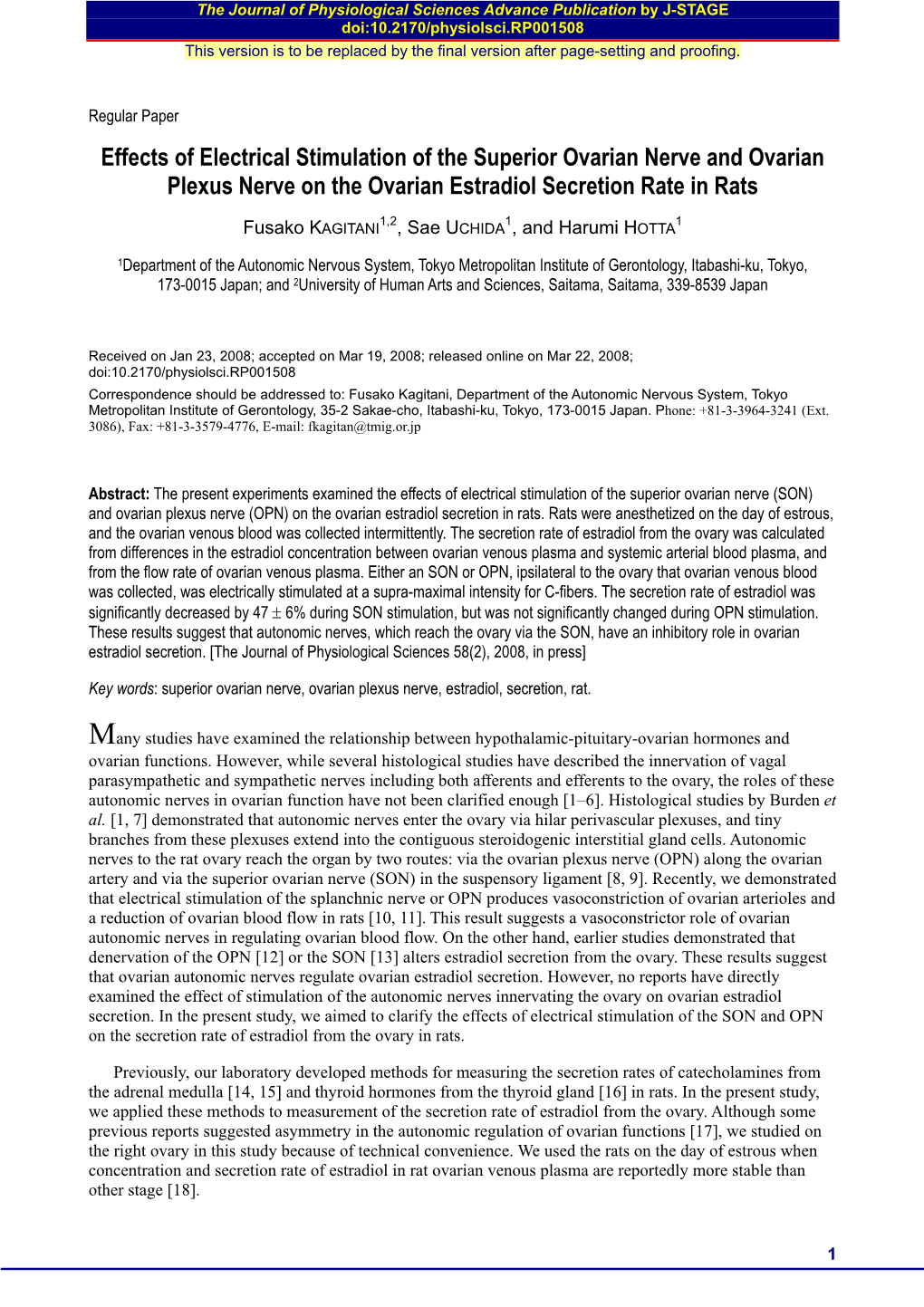 Effects of Electrical Stimulation of the Superior Ovarian Nerve and Ovarian Plexus Nerve on the Ovarian Estradiol Secretion Rate in Rats