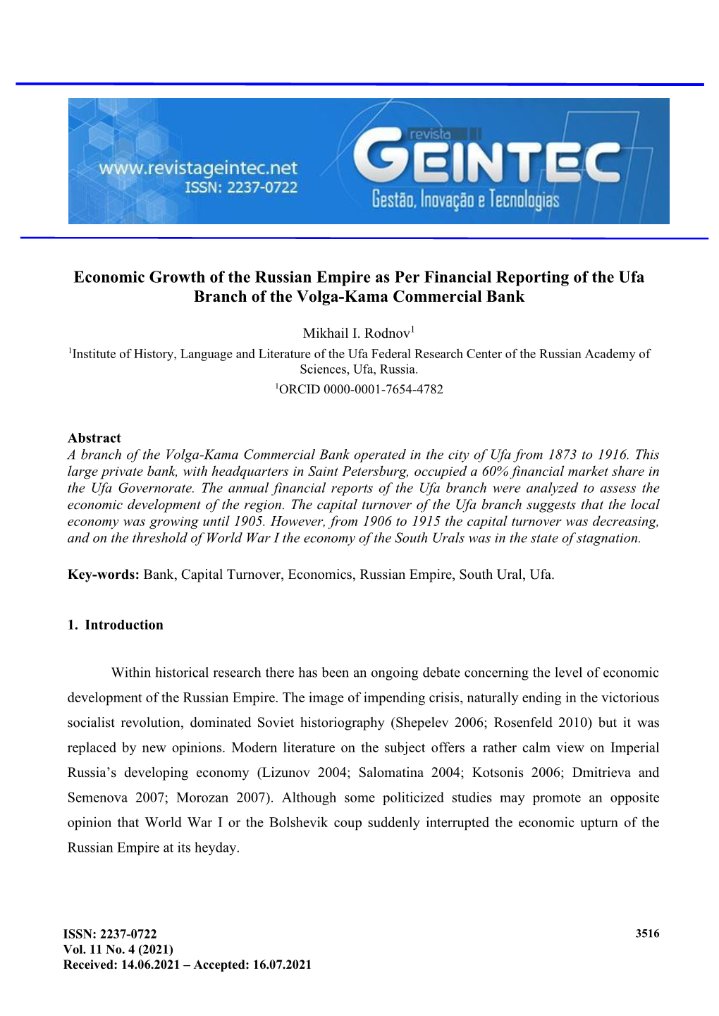 Economic Growth of the Russian Empire As Per Financial Reporting of the Ufa Branch of the Volga-Kama Commercial Bank