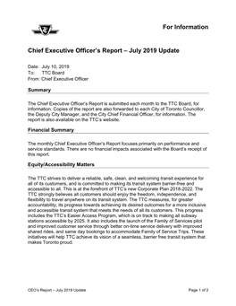 For Information Chief Executive Officer's Report – July 2019 Update