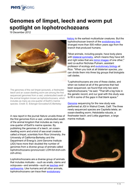 Genomes of Limpet, Leech and Worm Put Spotlight on Lophotrochozoans 19 December 2012