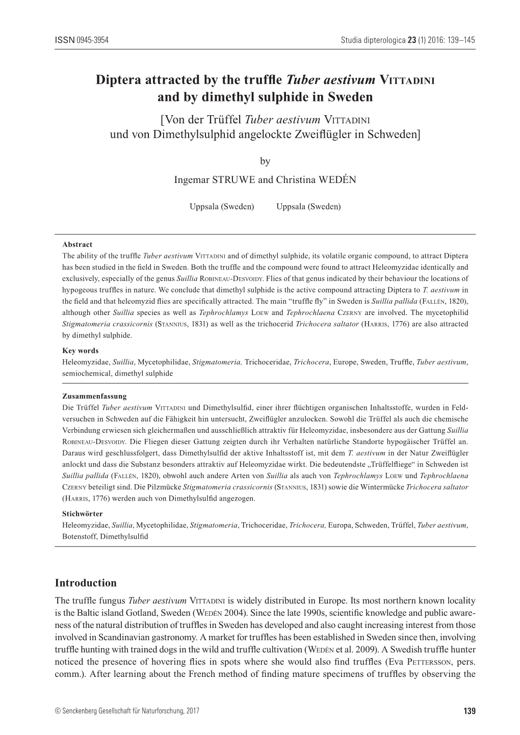 Diptera Attracted by the Truffle Tuber Aestivum Vittadini and by Dimethyl Sulphide in Sweden