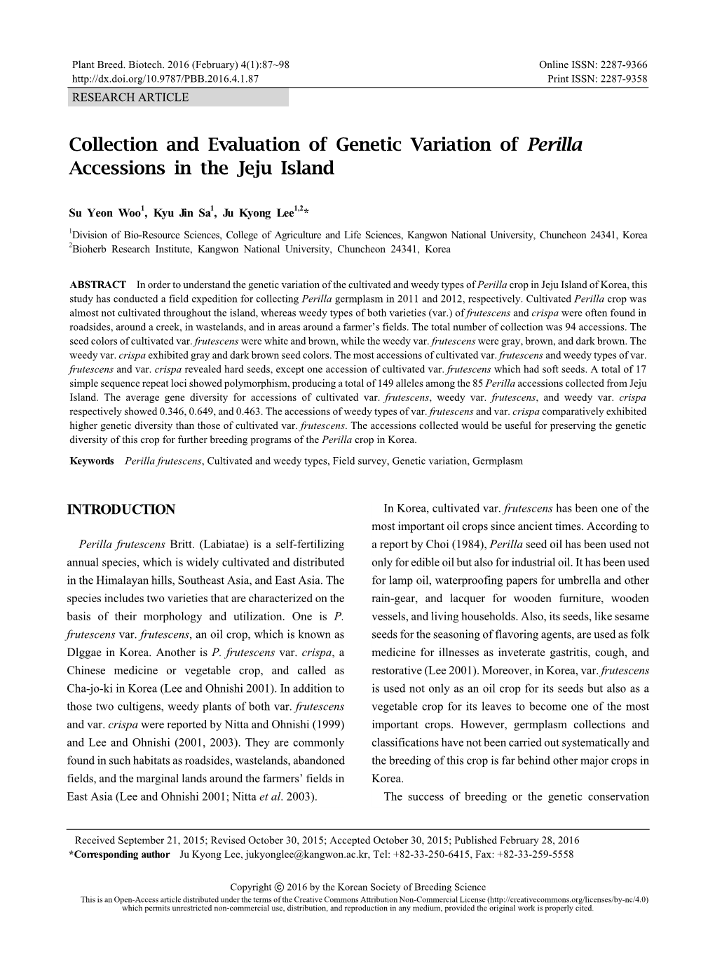 Collection and Evaluation of Genetic Variation of Perilla Accessions in the Jeju Island