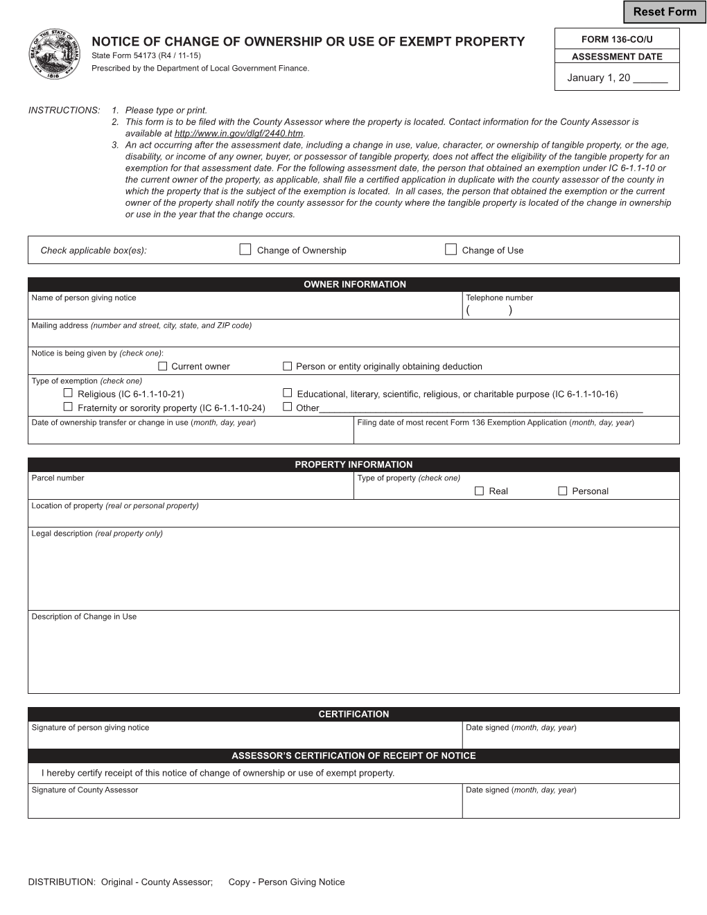 Notice of Change of Ownership Or Use of Exempt