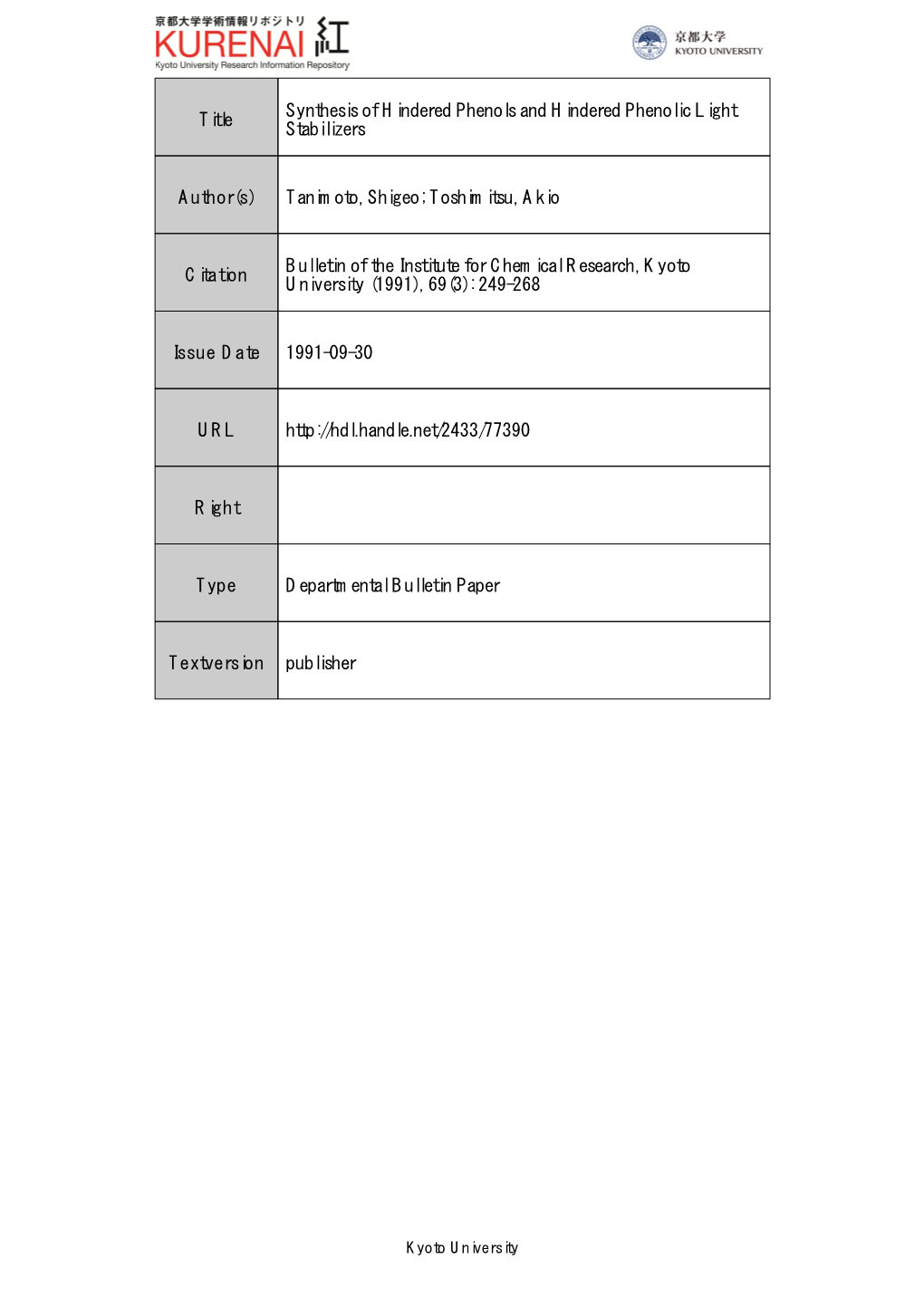 Title Synthesis of Hindered Phenols and Hindered Phenolic Light