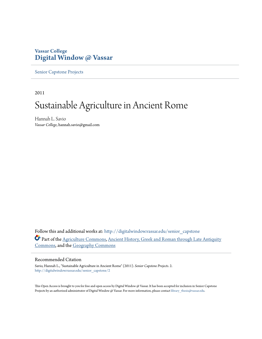 Sustainable Agriculture in Ancient Rome Hannah L