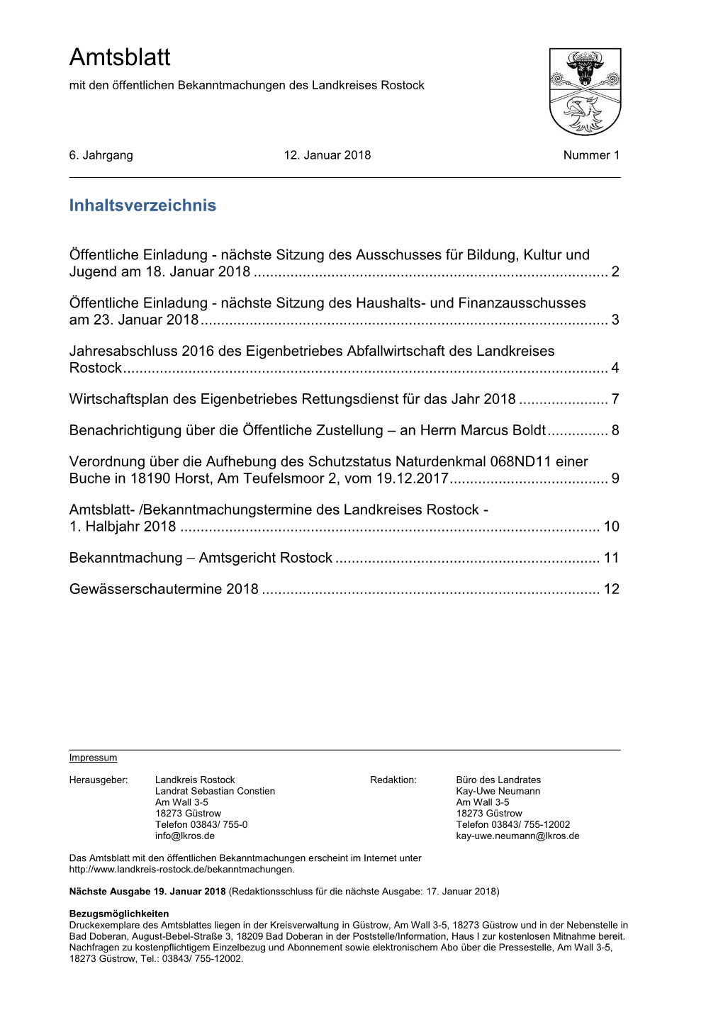 Amtsblatt Nr. 01/2018 Vom 12. Januar 2018