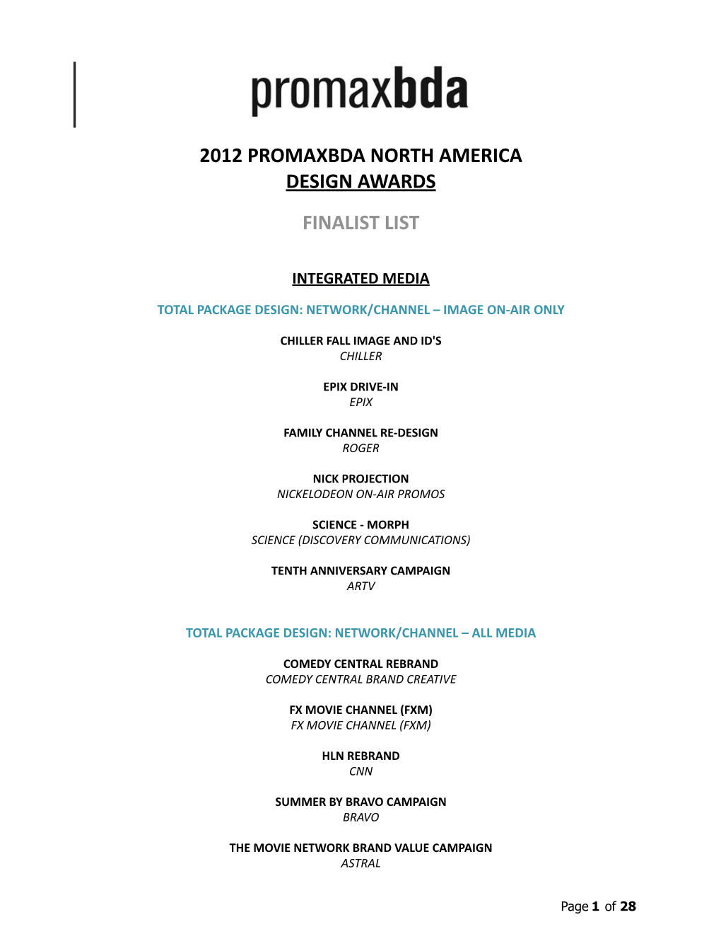 2012 Promaxbda North America Design Awards Finalist List