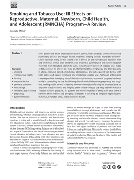 Smoking and Tobacco Use: Ill Effects on Reproductive, Maternal, Newborn, Child Health, and Adolescent (RMNCHA) Program—A Review