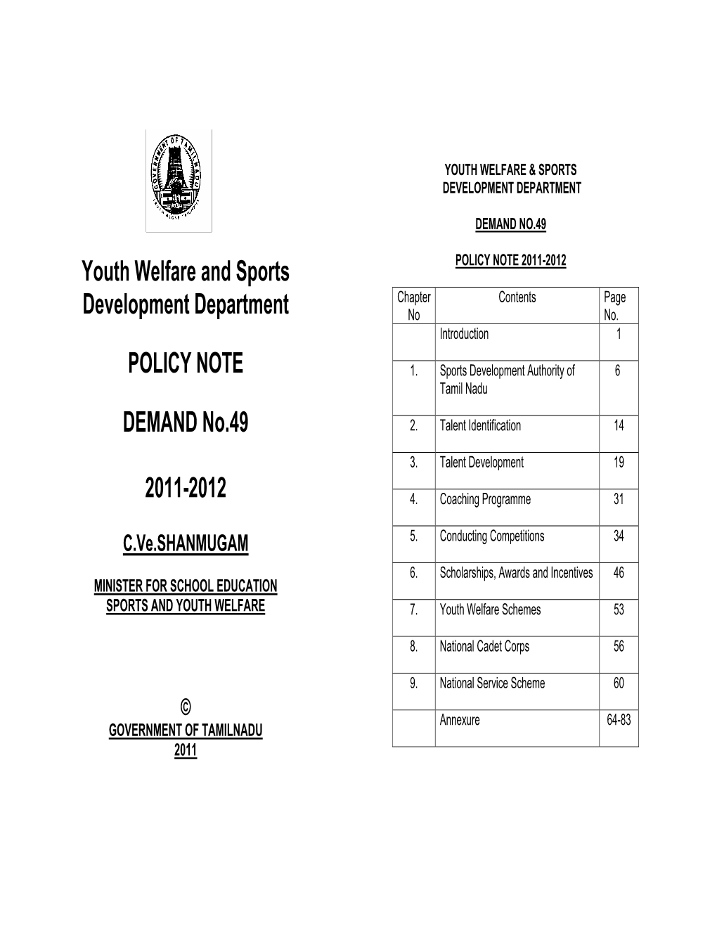 Youth Welfare and Sports Development Department POLICY