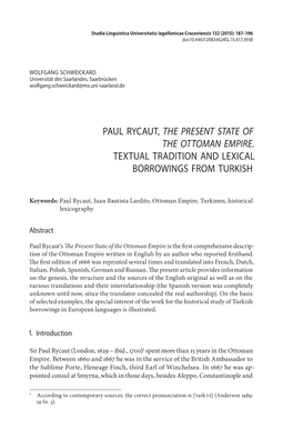 Paul Rycaut, the Present State of the Ottoman Empire. Textual Tradition and Lexical Borrowings from Turkish