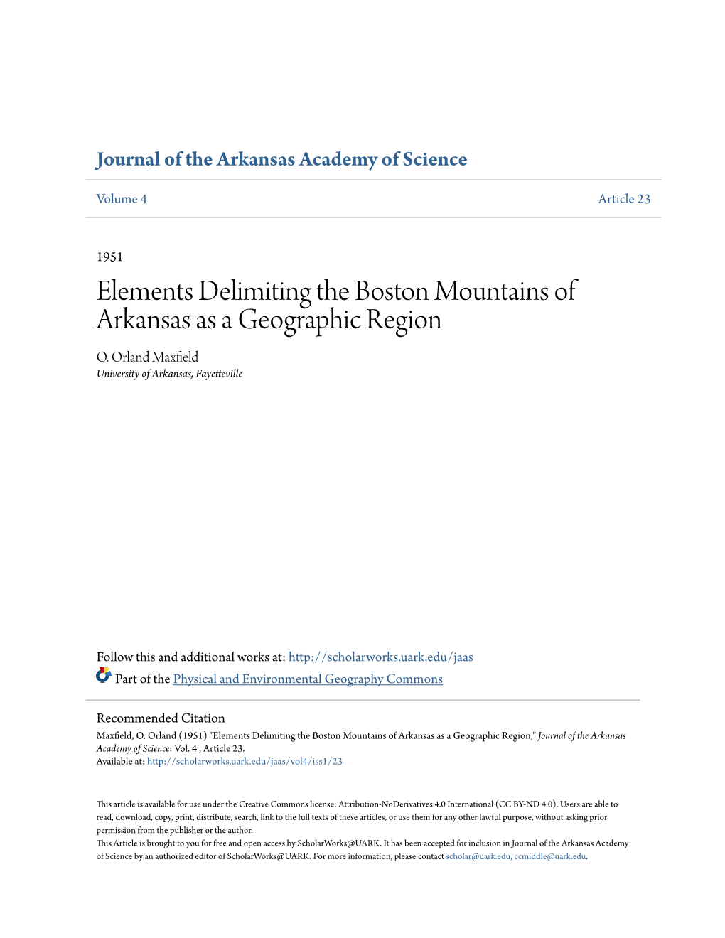 Elements Delimiting the Boston Mountains of Arkansas As a Geographic Region O