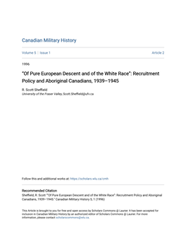 Of Pure European Descent and of the White Race”: Recruitment Policy and Aboriginal Canadians, 1939–1945