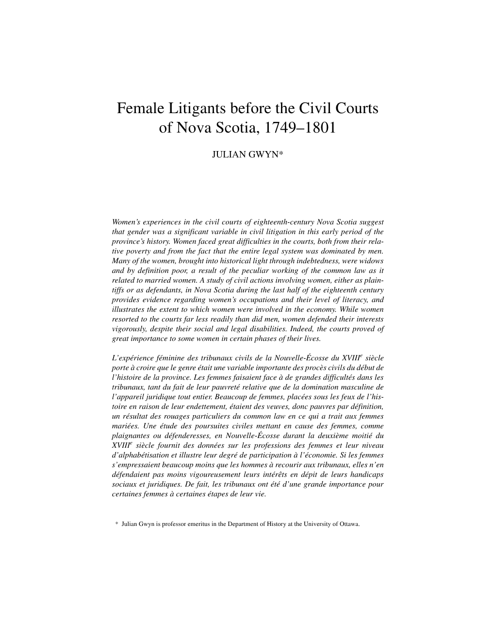 Female Litigants Before the Civil Courts of Nova Scotia, 1749 1801