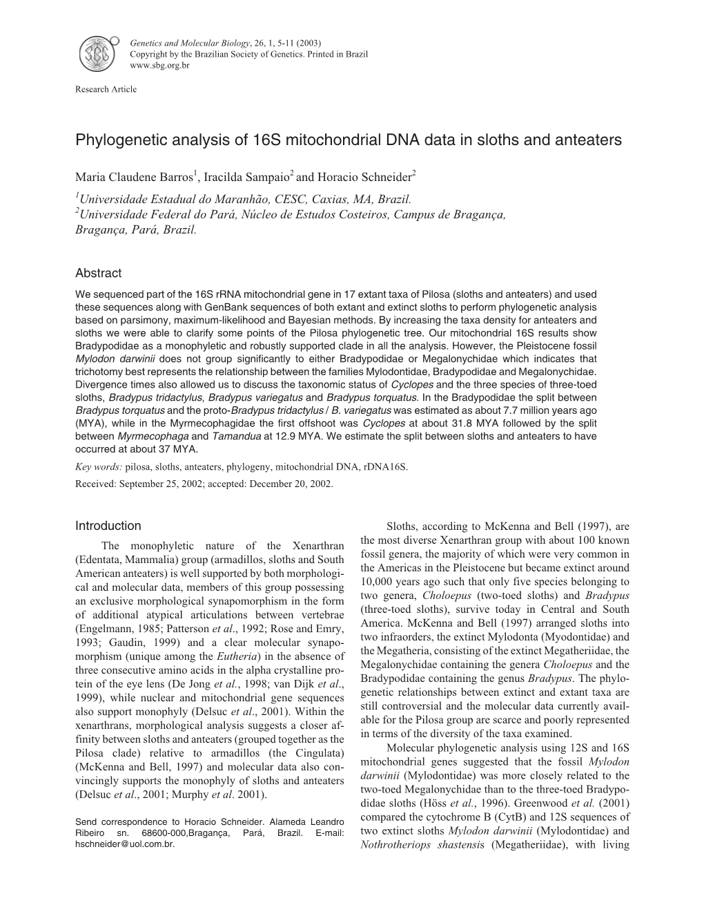 Phylogenetic Analysis of 16S Mitochondrial DNA Data in Sloths and Anteaters