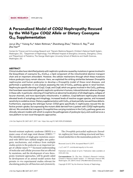 A Personalized Model of COQ2 Nephropathy Rescued by the Wild-Type COQ2 Allele Or Dietary Coenzyme Q10 Supplementation