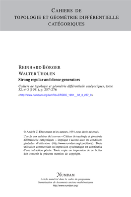 Strong Regular and Dense Generators Cahiers De Topologie Et Géométrie Différentielle Catégoriques, Tome 32, No 3 (1991), P