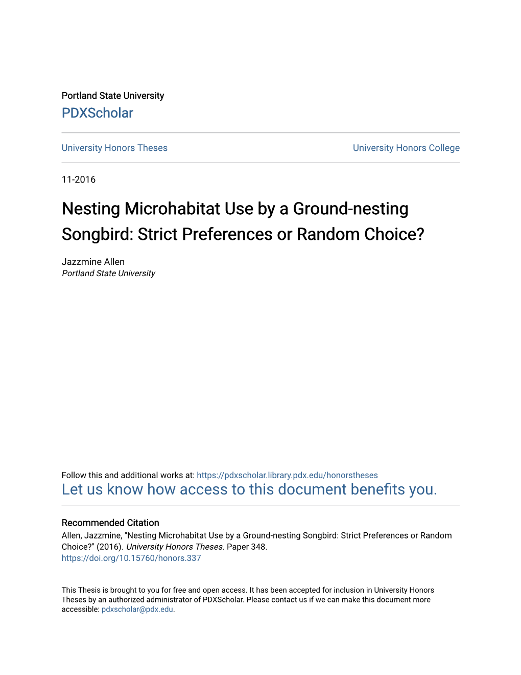 Nesting Microhabitat Use by a Ground-Nesting Songbird: Strict Preferences Or Random Choice?