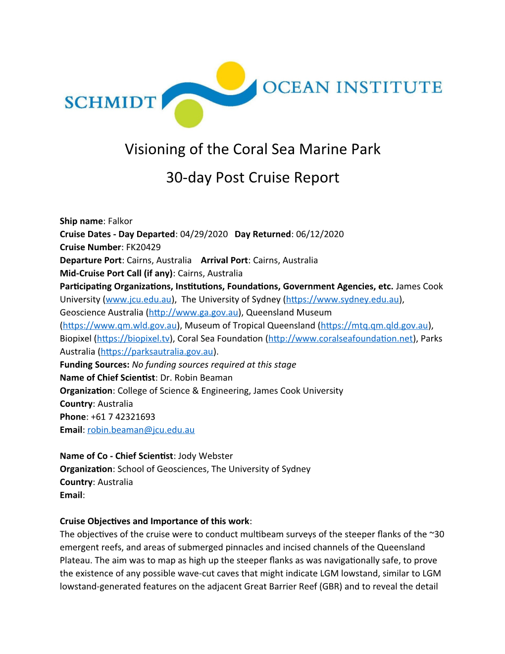 Visioning of the Coral Sea Marine Park 30-Day Post Cruise Report