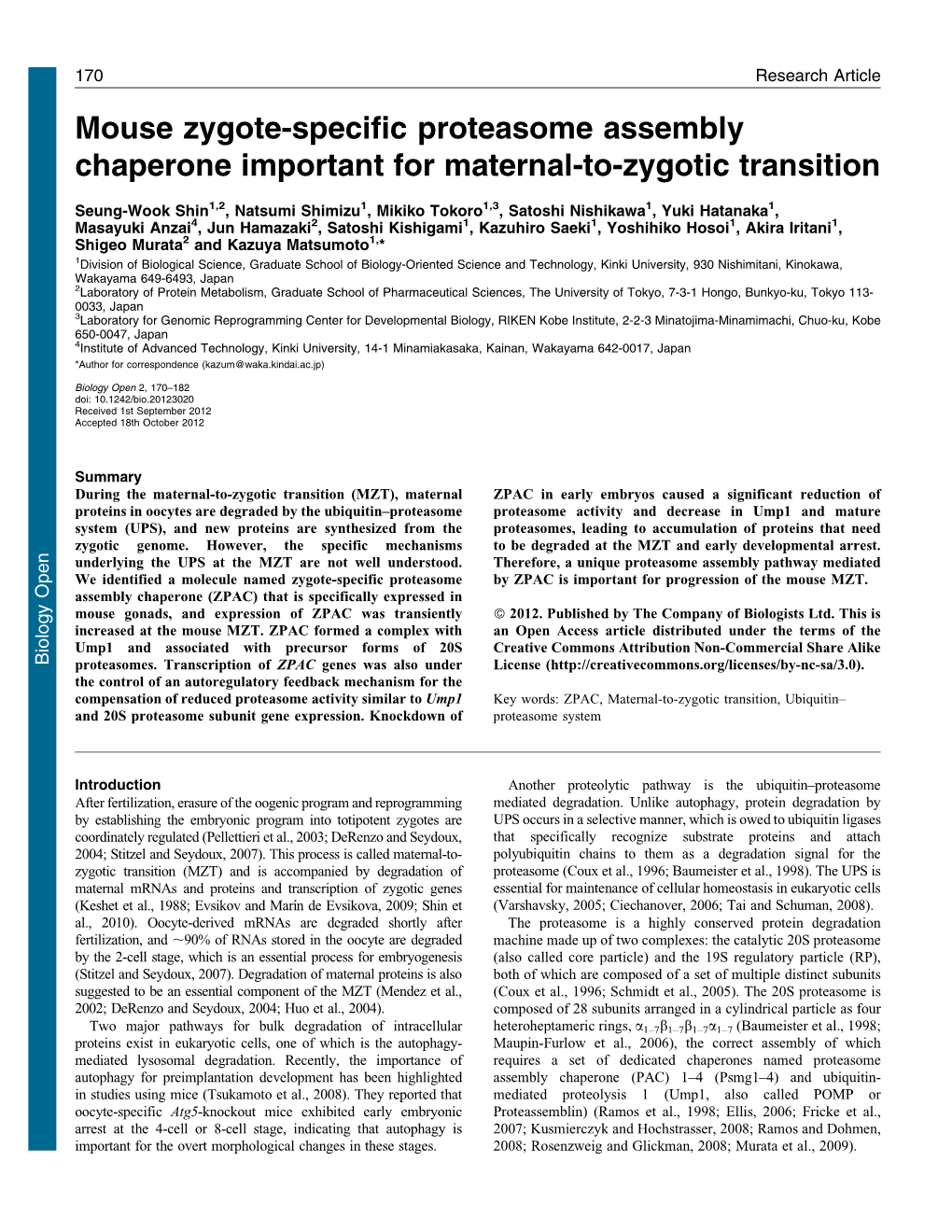 Mouse Zygote-Specific Proteasome Assembly Chaperone Important for Maternal-To-Zygotic Transition