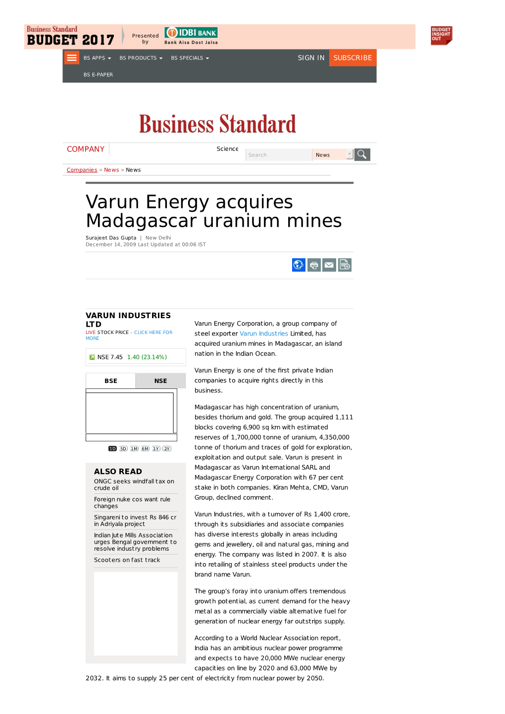 Varun Energy Acquires Madagascar Uranium Mines Surajeet Das Gupta | New Delhi December 14, 2009 Last Updated at 00:06 IST