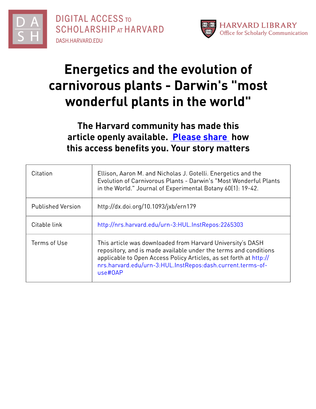 Energetics and the Evolution of Carnivorous Plants - Darwin's "Most Wonderful Plants in the World"