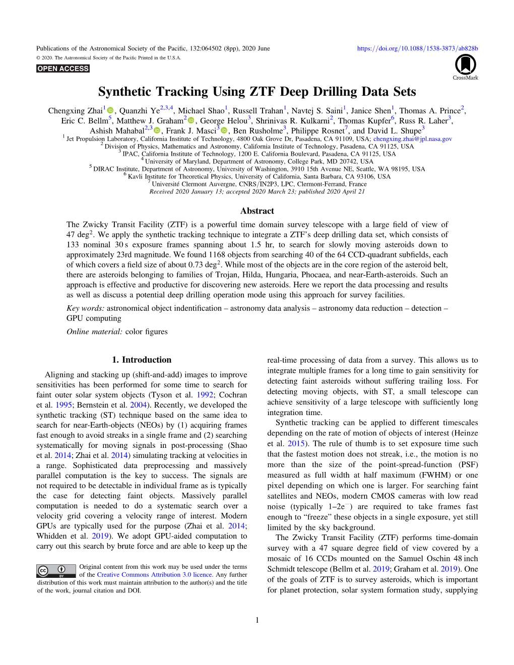 Synthetic Tracking Using ZTF Deep Drilling Data Sets Chengxing Zhai1 , Quanzhi Ye2,3,4, Michael Shao1, Russell Trahan1, Navtej S