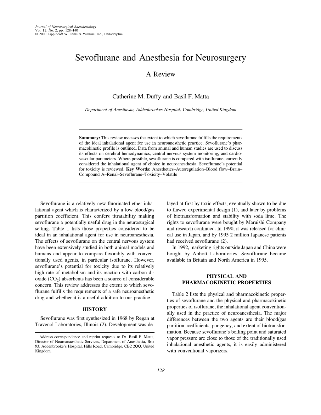 Sevoflurane and Anesthesia for Neurosurgery