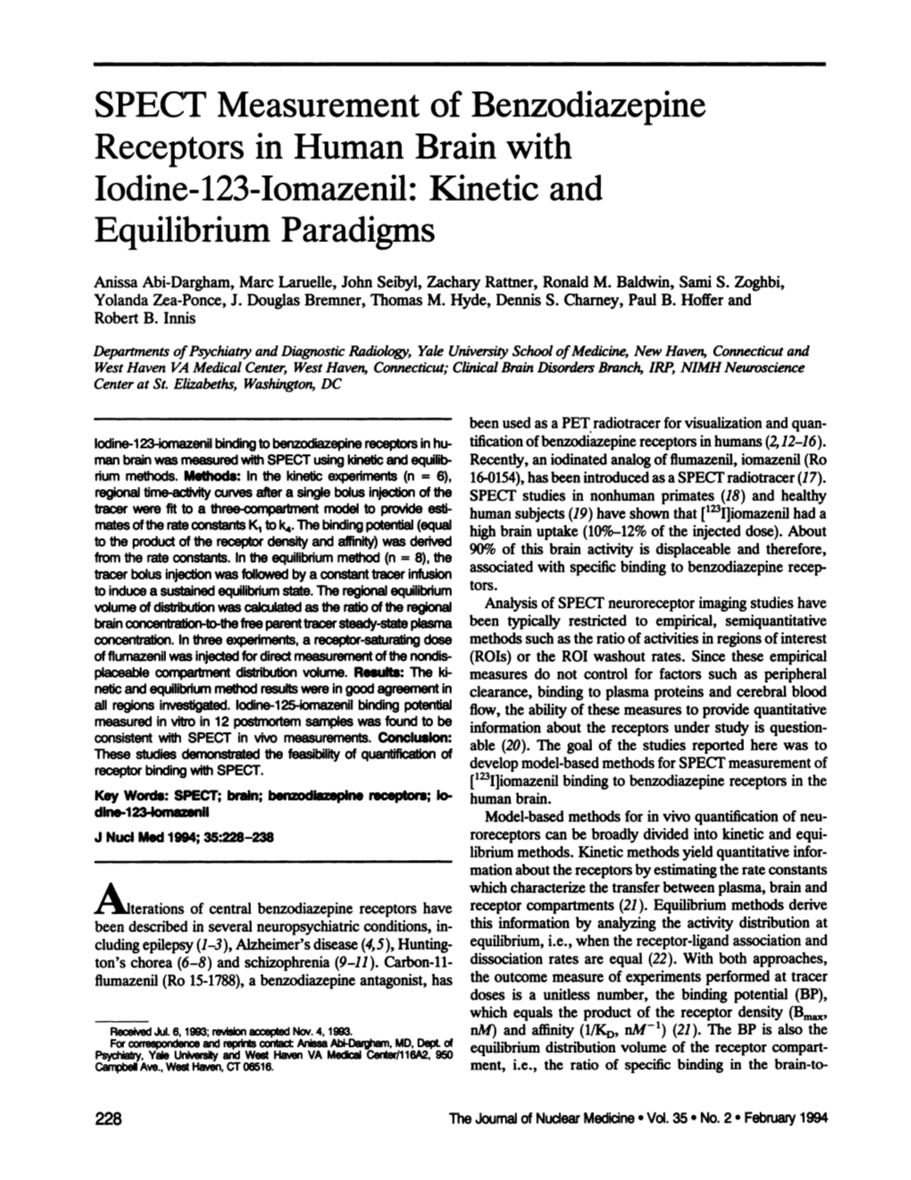 SPECT Measurement of Benzodiazepine Receptors in Human Brain with Iodine-123-Iomazenil: Kinetic and Equilibrium Paradigms