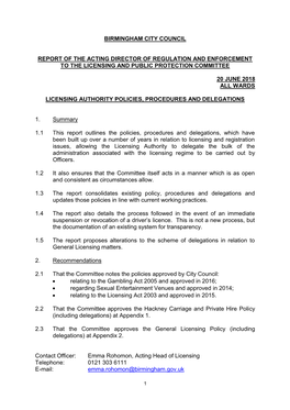 Birmingham City Council Report of the Acting Director of Regulation and Enforcement to the Licensing and Public Protection Commi