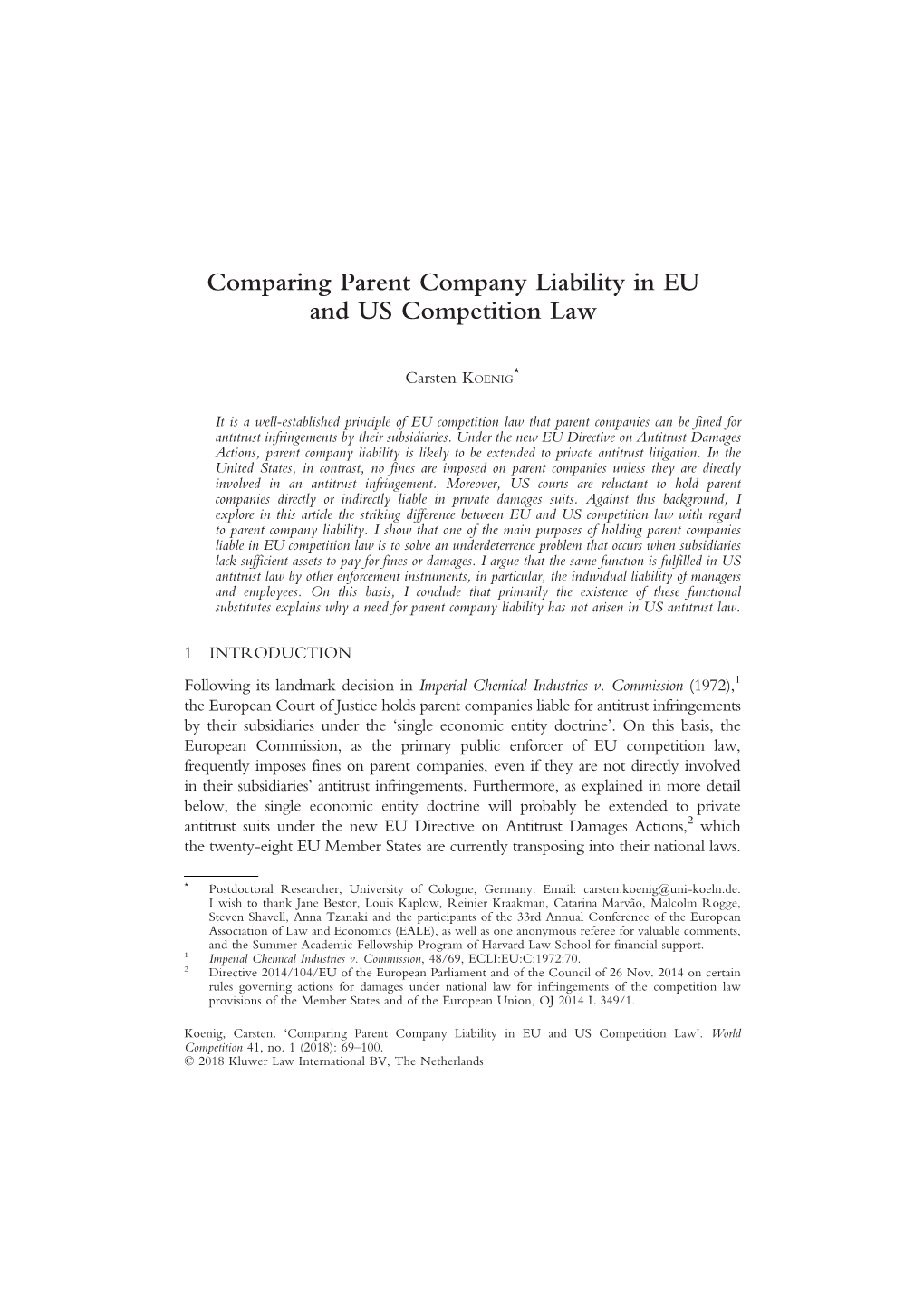 Comparing Parent Company Liability in EU and US Competition Law
