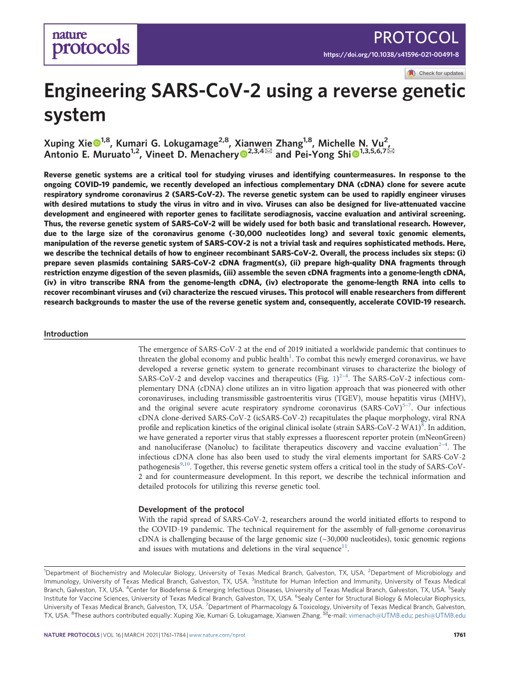 Engineering SARS-Cov-2 Using a Reverse Genetic System
