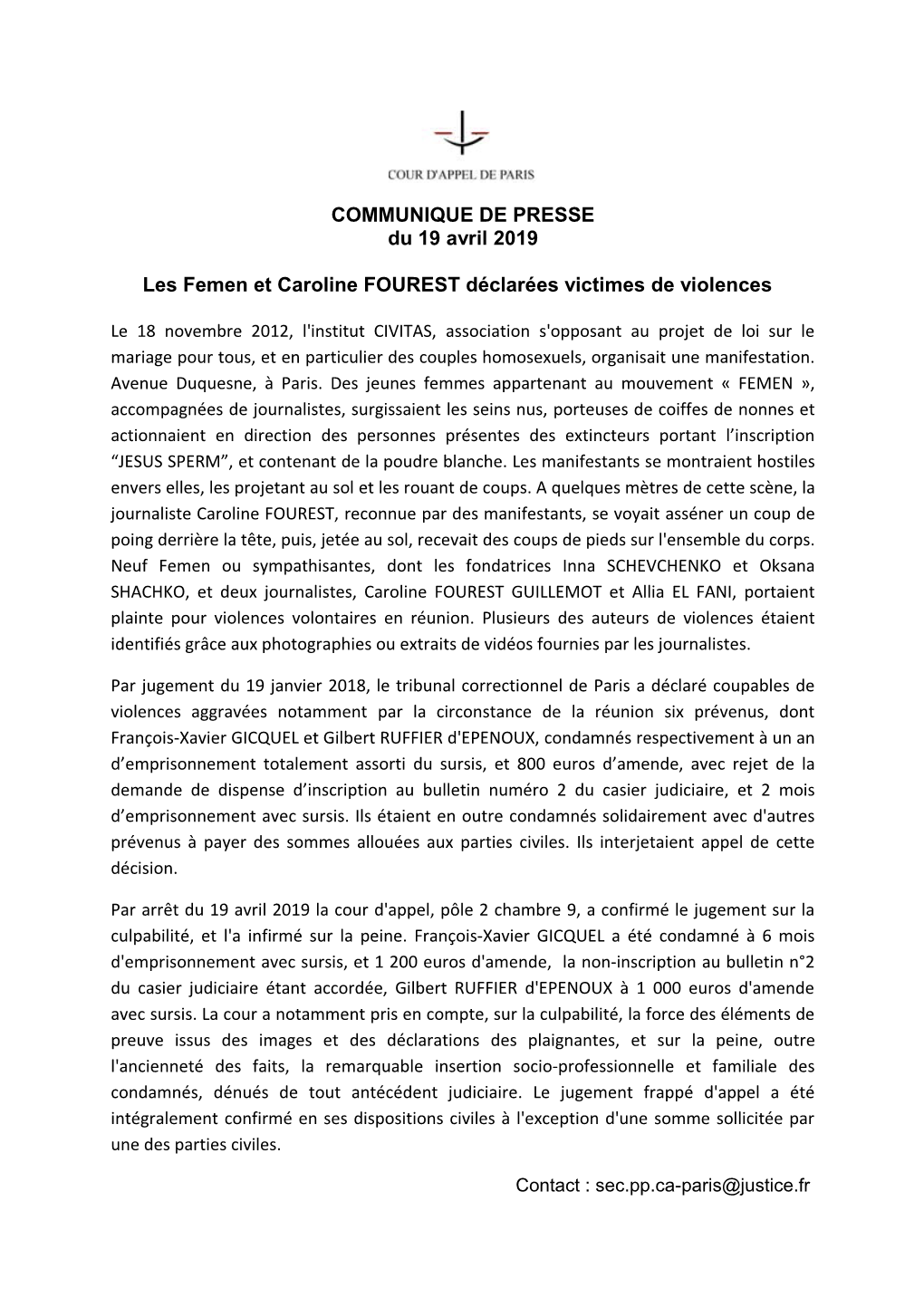 COMMUNIQUE DE PRESSE Du 19 Avril 2019 Les Femen Et Caroline
