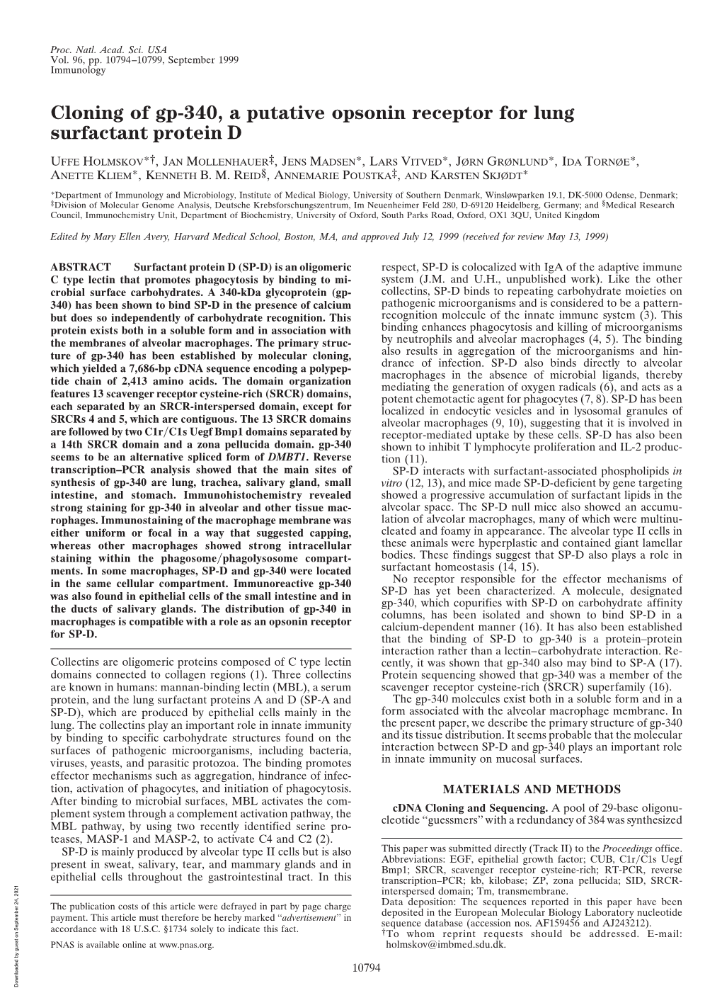 Cloning of Gp-340, a Putative Opsonin Receptor for Lung Surfactant Protein D